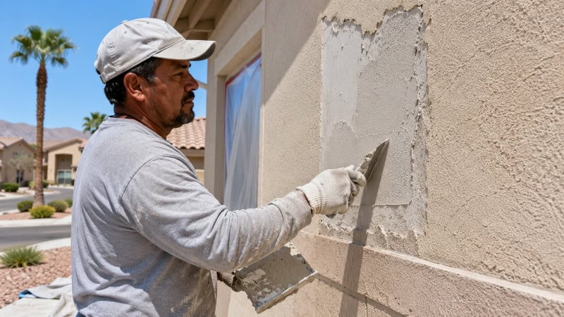 Worker applying stucco to a damaged exterior wall